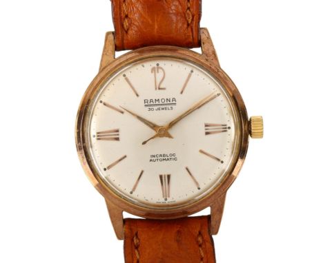 RAMONA - a Vintage rose gold plated stainless steel Incabloc automatic wristwatch, silvered dial with baton hour markers and 