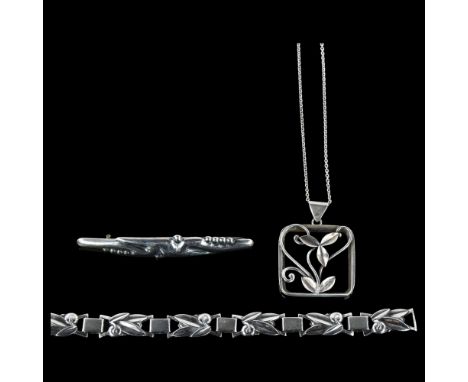 Various Art Nouveau Danish stylised silver jewellery, comprising bracelet, pendant necklace and brooch, bracelet length 19cm,