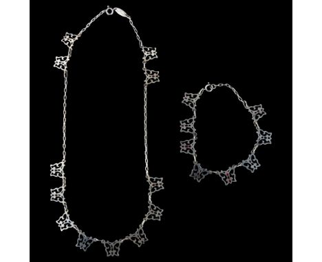TOOAR - a German silver and plique-a-jour enamel butterfly fringe necklace and bracelet set, necklace length 44cm, bracelet l