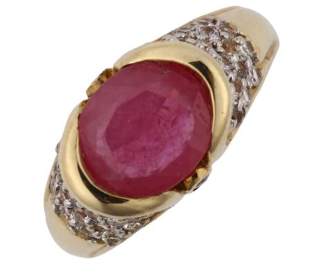 A modern 9ct gold ruby and white sapphire dress ring, setting height 10.2mm, size P, 5.1gNo damage or repairs, all stones pre