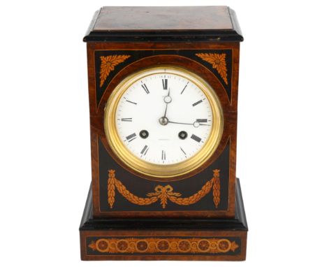 BREGUET - a French inlaid burr-walnut 8-day mantel clock, white enamel dial with Roman numeral hour markers, Adams style swag