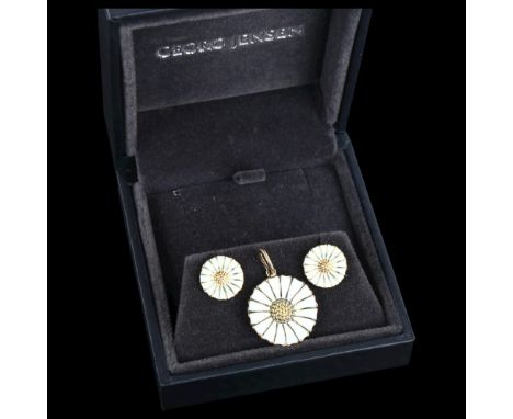 GEORG JENSEN - a Danish vermeil sterling silver and white enamel daisy pattern matching pendant and pair of earrings set, pen