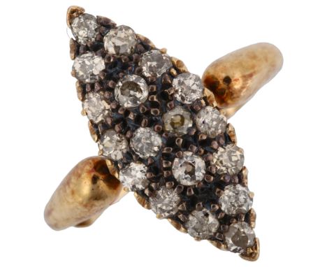 An Antique 18ct gold diamond marquise cluster ring, pave set with old-cut diamonds, total diamond content approx 1ct, maker's