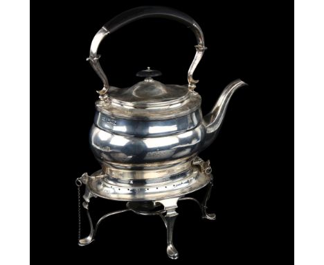 A George V silver kettle on stand, with ebonised handle and finial, by Harrison Brothers and Howson, hallmarks London 1910, o