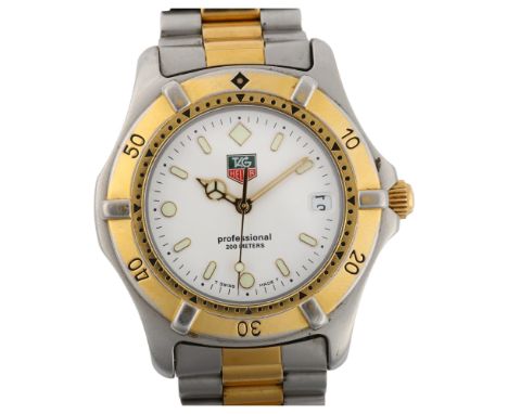 TAG HEUER - a gold plated stainless steel Professional 2000 Series quartz bracelet watch, ref. WE1122-R, white dial with lumi