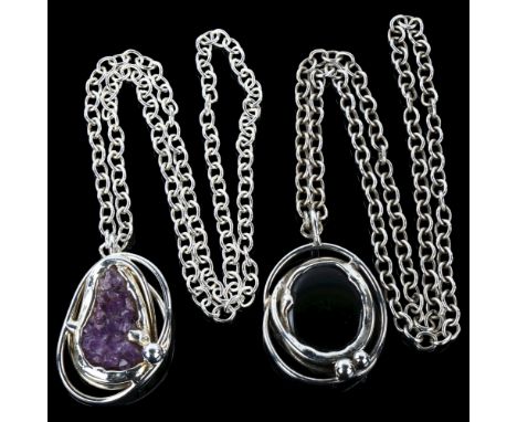 SMYKKESMEN - 2 large Danish silver plated stone set pendant necklaces, on silver plated belcher link chains, largest pendant 