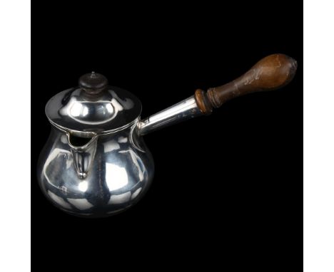 A George III silver Brandy pan, circular baluster form with side pouring turned wood handle and heart-shaped join and later l