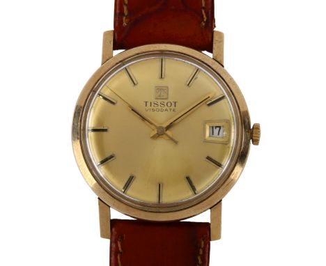 TISSOT - a 9ct gold Visodate mechanical wristwatch, champagne dial with baton hour markers, sweep centre seconds hand and dat