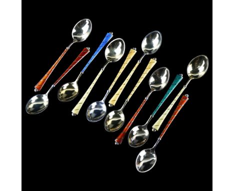 EGON LAURIDSEN - a set of 11 Danish vermeil sterling silver and harlequin enamel coffee spoons, length 9.5cmNo enamel loss, g