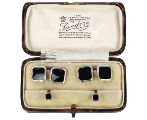 An Art Deco 18ct gold platinum and onyx dress set, comprising pair of cufflinks and pair of dress studs, cufflink panel width