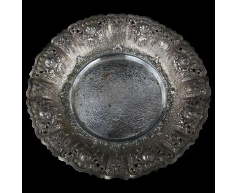 A large Continental 800 silver fruit bowl, relief embossed and pierced decoration with scalloped rim, diameter 30cm, 18ozNo d