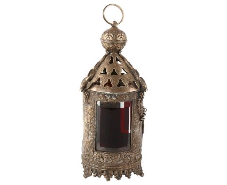 A large 19th century Dutch silver candle lantern, with relief embossed figural and foliate decoration, ruby overlay bevelled 