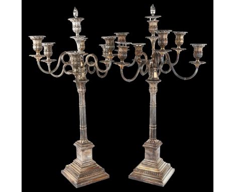 A large fine quality pair of Neo-Classical style silver plated 7-light candelabra, by Richard Hodd, retailed by Love & Harvey