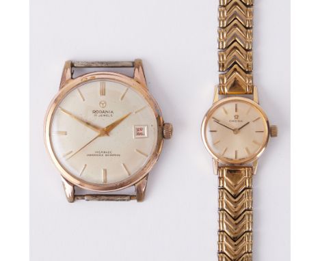 Omega, a ladies gold plated manual wind wristwatch on a gold plated bracelet together with a Rodania gents 1950's date wristw