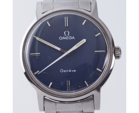 Omega, a gents steel manual wind Geneve wristwatch, blue baton dial, fitted with an Omega steel bracelet (1168), two spare li