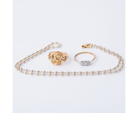 An 18ct yellow &amp; white gold fancy link 18" chain, 10.66gm, an 18ct yellow gold woven design ring, 7.00gm, size N, and an 