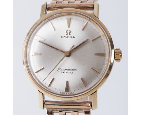 Omega, a gents gold capped and steel De-ville manual wind wristwatch, silver baton dial, fitted on a 9ct yellow gold brick br