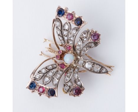 An impressive antique yellow &amp; white gold butterfly brooch/pendant set with old round cut diamonds, round cut sapphires, 