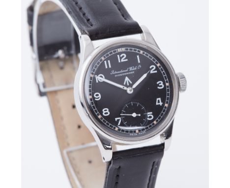 IWC, a gent's IWC Military wristwatch, manual wind, diameter 30mm, black face, black leather strap, no box or papers.Conditio