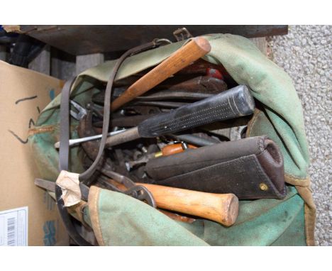 Tool bag plus quantity of tools to include hammers, axes, pliers etc