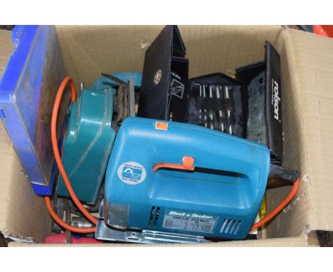 Box of various domestic hand tools to include jigsaws, drill bits etc