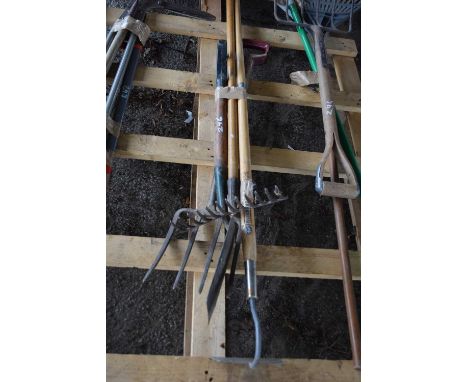 Quantity of garden tools to include rakes, forks, spade and a hoe