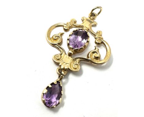 Vintage 9ct gold amethyst pendant measures approx 4cm drop weight 3g 