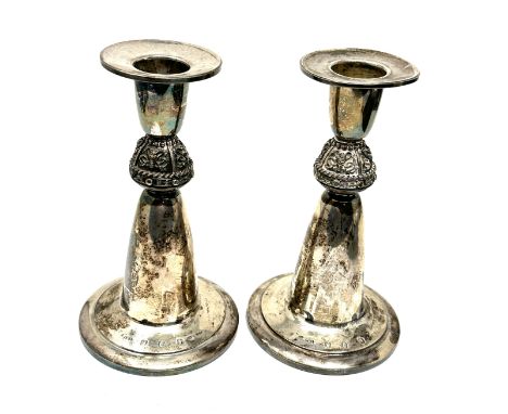 Pair of irish arts &amp; crafts design celtic detail silver candlesticks height 14cm by base 8cm irish silver hallmarks weigh