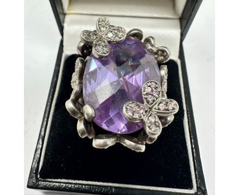 large chunky vintage silver amethyst &amp; gemstone set ring weight 28g 