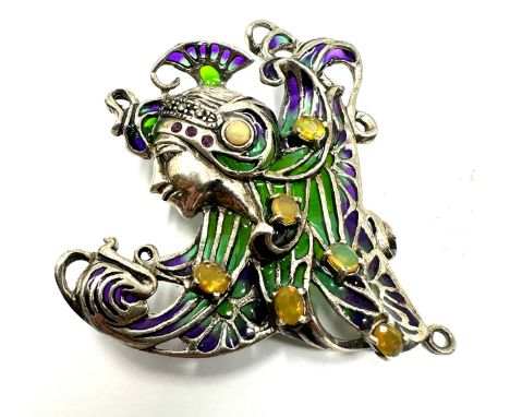 925 Sterling Silver Plique-à-jour Enamelled opal set Brooch / Pendant measures approx 5.5cm drop by 5.5cm wide 