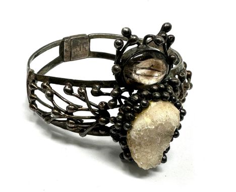 unusual arts &amp; crafts silver and gemstone set bangle not hallmarked tested as silver weight 42g 