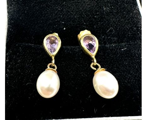 9ct gold amethyst &amp; pearl earrings 