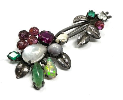 quality silver flower btbrooch set with gemstones inc moonstone opal ruby emerald etc measures approx 7.5cm