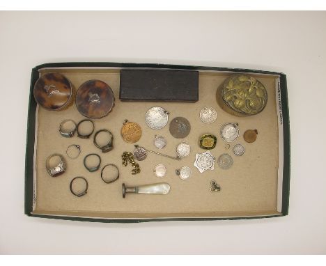 Two Hallmarked Silver Mounted Glass Trinket Pots, "Wembley 1924" (damages); together with rings, oval trinket pot, coins (dri