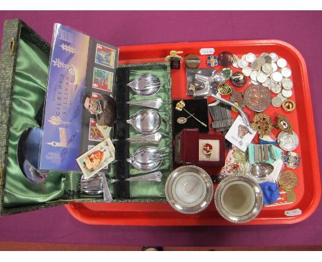 Plated Spoons, medallion pendants, modern five pence coins, City of Sheffield Education Committee medallion awarded to Minnie