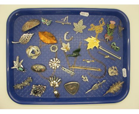 Assorted Costume Brooches, including Scottish hallmarked silver sword and shield brooch, filigree leaf brooch, enamel thistle