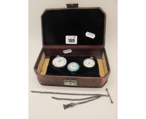 A "Fine Silver" Ladies Fob Watch, the unsigned decorative dial the Roman numerals, in patterned case, another smaller fob wat