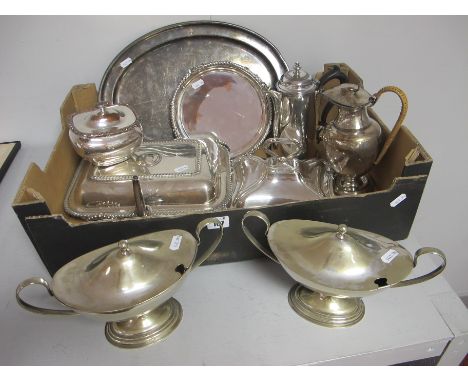 XIX Century and Later Plated Ware, including rectangular lidded entree dish (lacking handle), crested; a lidded caddy, a wait