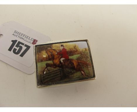 A Modern Pill Box, of rectangular form, the hinged lid detailed with a horse and rider jumping a gate, stamped "CME" "925", 3