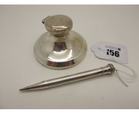 A Small Hallmarked Silver Capstan Style Inkwell, L&amp;S, Birmingham 1919, of plain circular form with hinged lid, base (weig