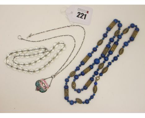 An Enamel Pendant, highlighted in pink and green (blue enamel verso) (lacking drop), on chain suspension on a fancy link chai