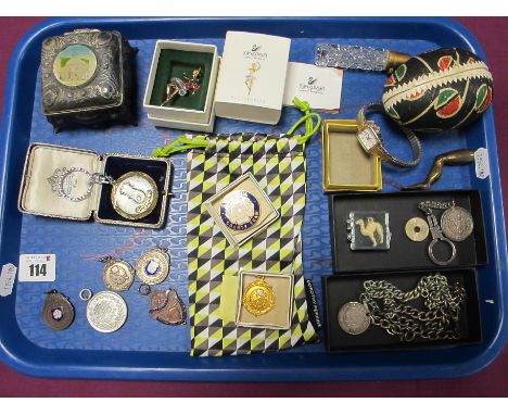 Hallmarked Silver and Other Medallion Pendants, a trinket box, vintage egg, novelty leg pipe tamper, glass scent bottle, ladi