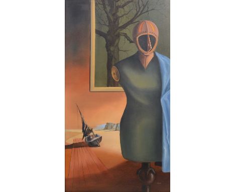 John Voss, Homage de Chirico, oil on canvas, signed, inscribed on the reverse, 90x50cm; and Portrait of a Warrior, oil on boa