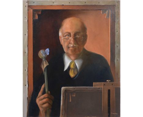 John Voss, Self-portrait with butterfly, oil on canvas, signed, inscribed on the reverse, 61x51cm mounted, unframed.