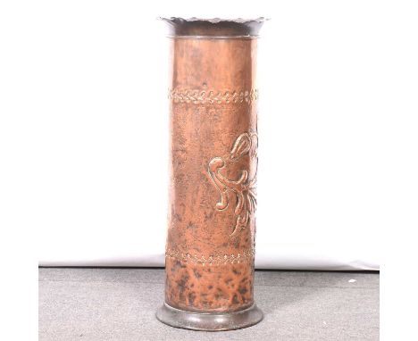 Arts and Crafts copper umbrella/ stick stand, cylindrical body embossed with scrolling foliate design, diameter 27cm, height 