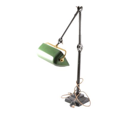 Machinist's lamp, by Dugdills, circa 1930s, green enamelled shade, black adjustable stem on stepped square base with cast mak