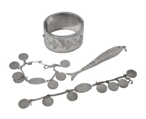 A Victorian style silver cuff hinged bangle, an articulated fish pendant etc.first Birmingham, 1963, Joseph Gloster, second s