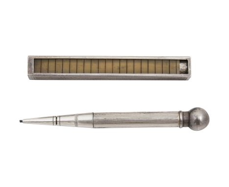 A George V silver combination golf scorer and pencilunmarked lozenge shaped sheath with engine turned decoration with vacant 