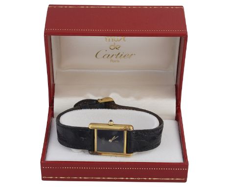 A Must De Cartier Tank wristwatchblack enamelled rectangular dial, gold plated silver case numbered 366001 and 41391, cabocho