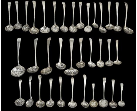 A collection of George III Old English pattern silver sifter spoonsmostly London, various dates, makers mostly initialled and